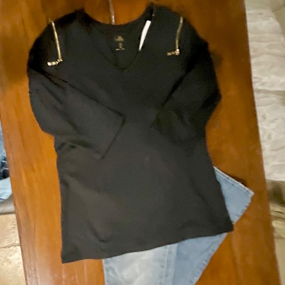 Belle Black Sweater With Gold Zippers.  NWT